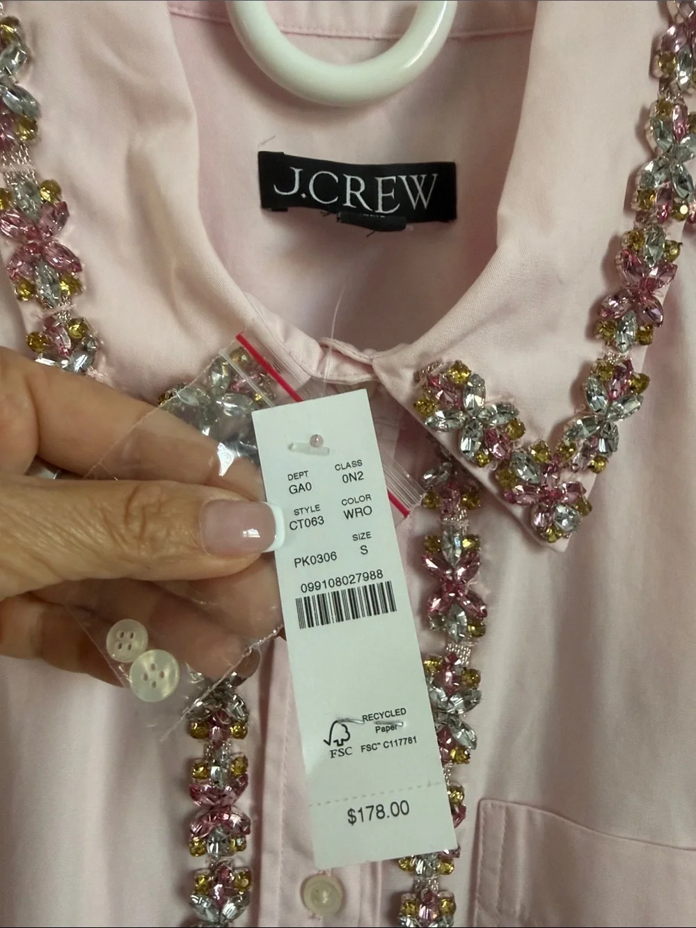 J.Crew Collection Jeweled Rhinestone Button Down Shirt Pink Size S NWT $178 Flaw